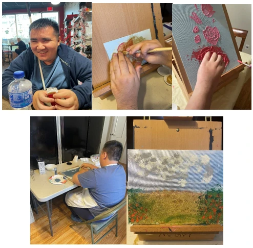 Top left image is YunSheng smiling holding his white cane and a cookie, top center photo is YunSheng painting a textured rose with gold paint, top right photo is YunSheng painting textured roses pink, bottom left photo is YunSheng painting in his art studio, bottom right photo is YunSheng’s completed art piece, “Day at the Beach.”